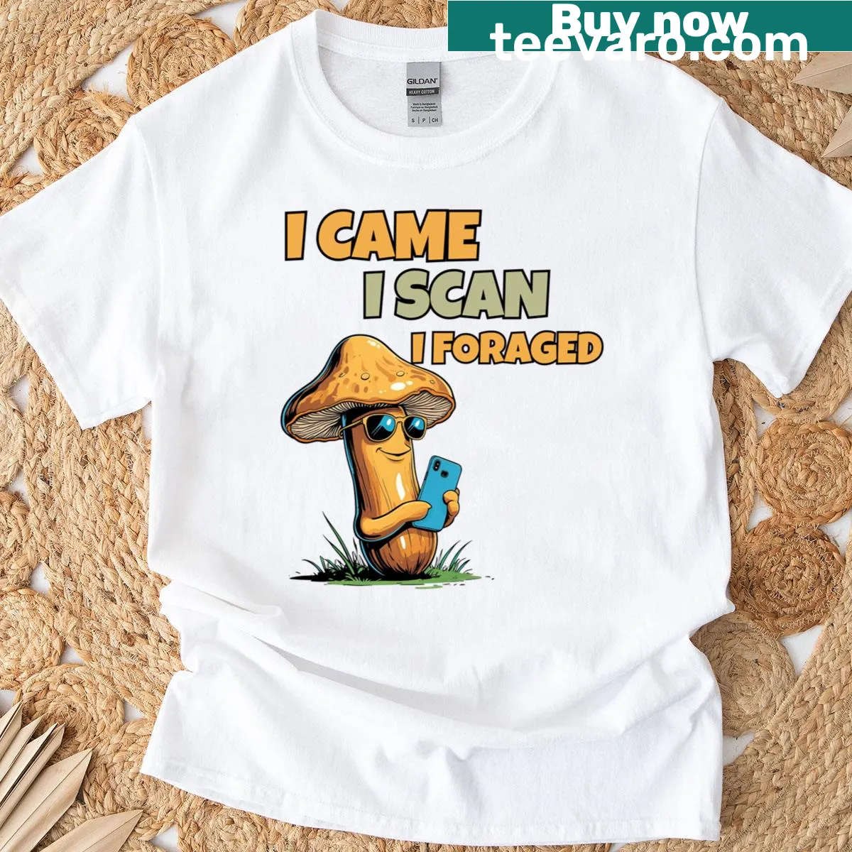 Cartoon mushroom picker graphic t-shirt celebrating fungi foragers. — on a men's t-shirt
