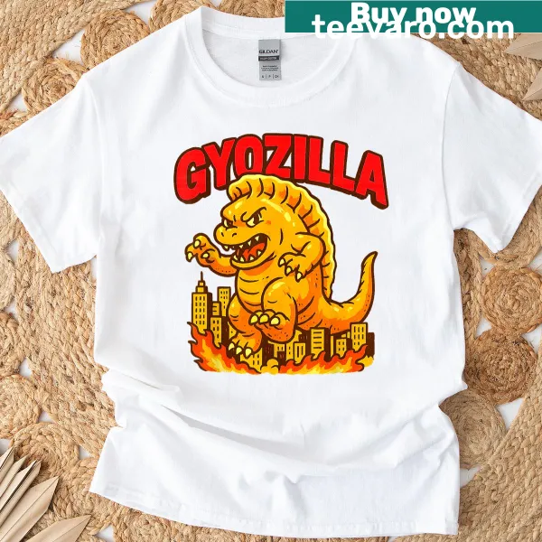 Graphic of a gyoza-inspired creature on a t-shirt