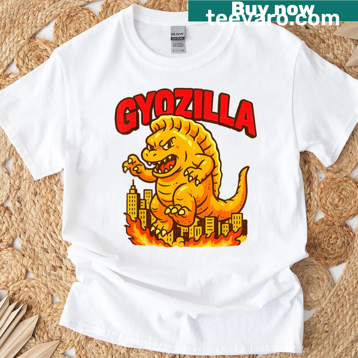 Graphic of a gyoza-inspired creature on a t-shirt — on a men's t-shirt