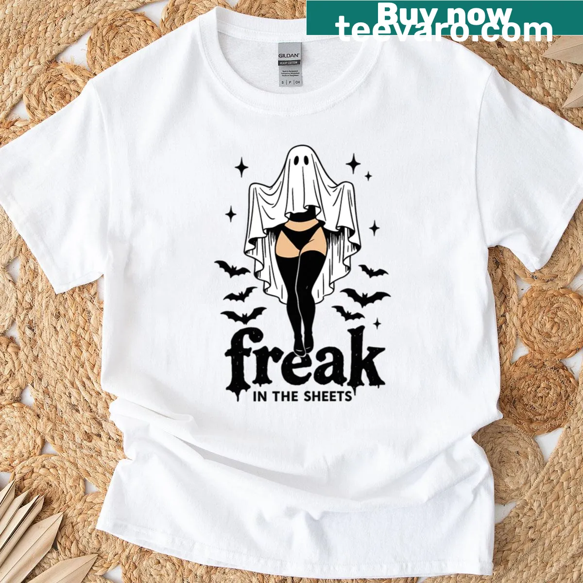 Funny ghost in a sheet Halloween t-shirt design — on a men's t-shirt
