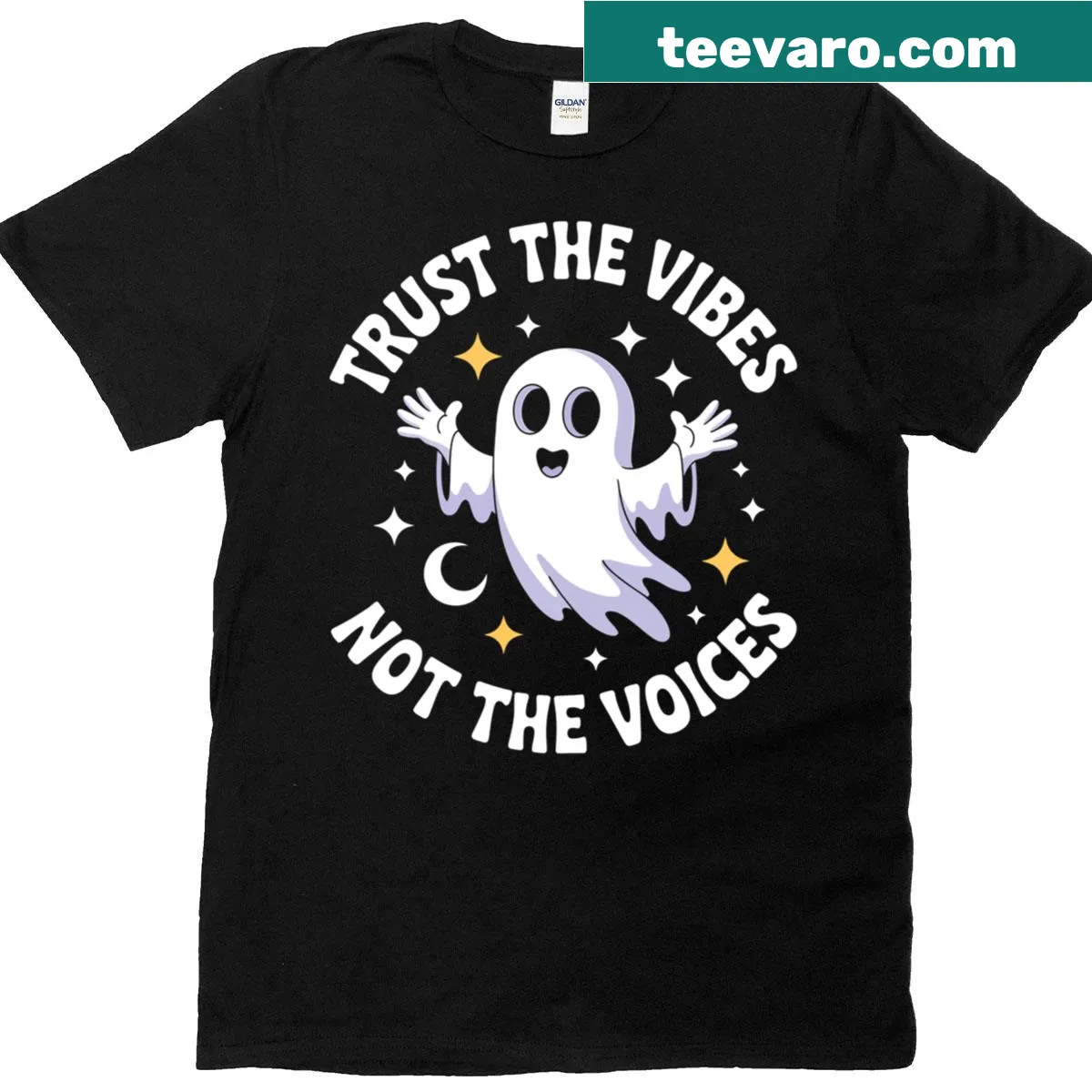 Cute ghost graphic with spooky vibes quote on Halloween t-shirt — on a men's t-shirt