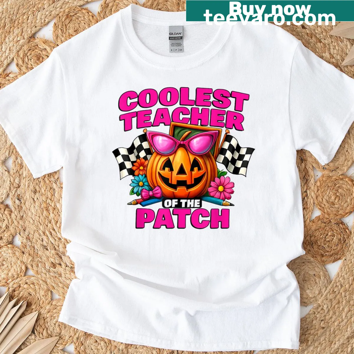 Illustrated Halloween pumpkin design on a teacher T-shirt. — on a men's t-shirt
