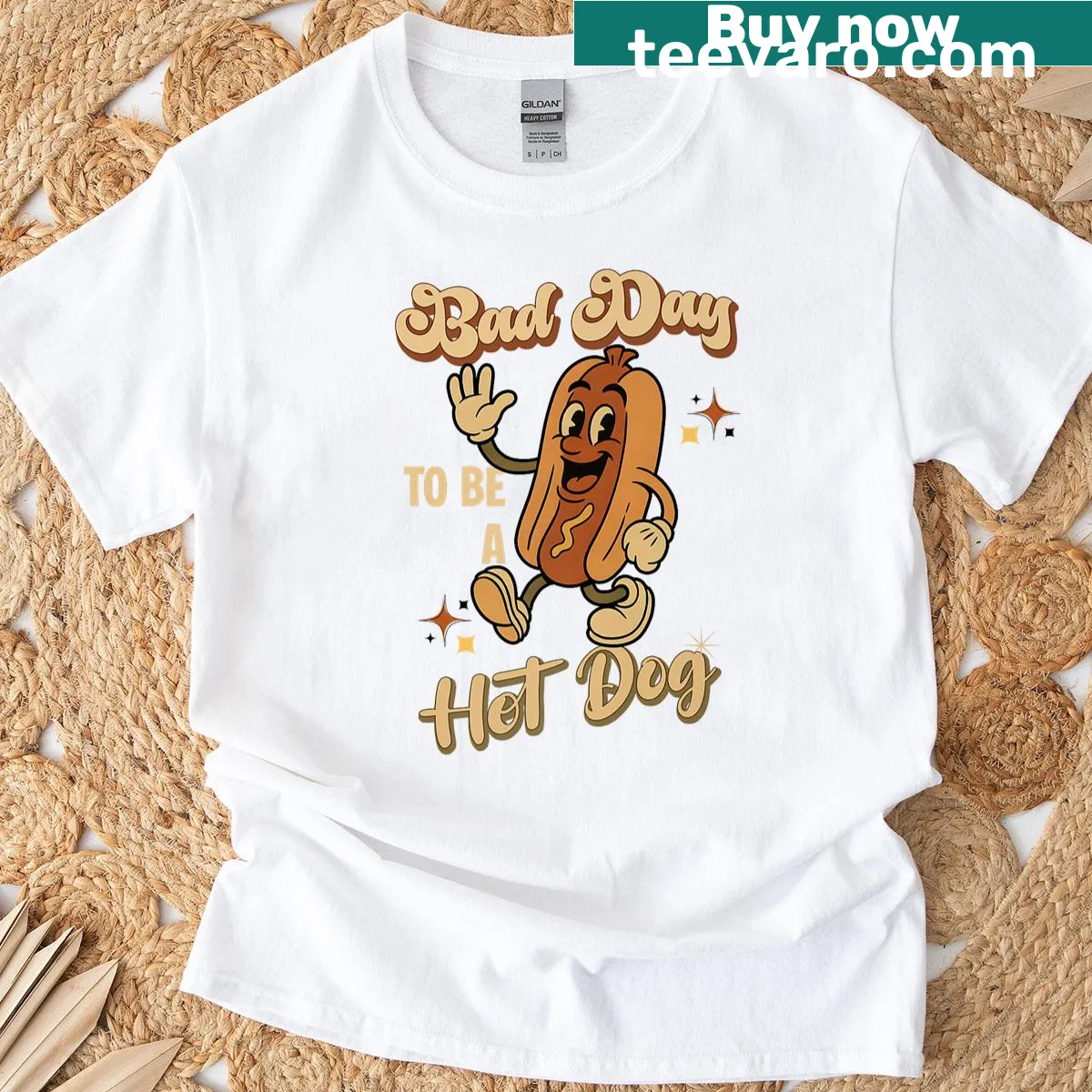 Retro graphic tee featuring a humorous hot dog design for everyday wear — on a men's t-shirt