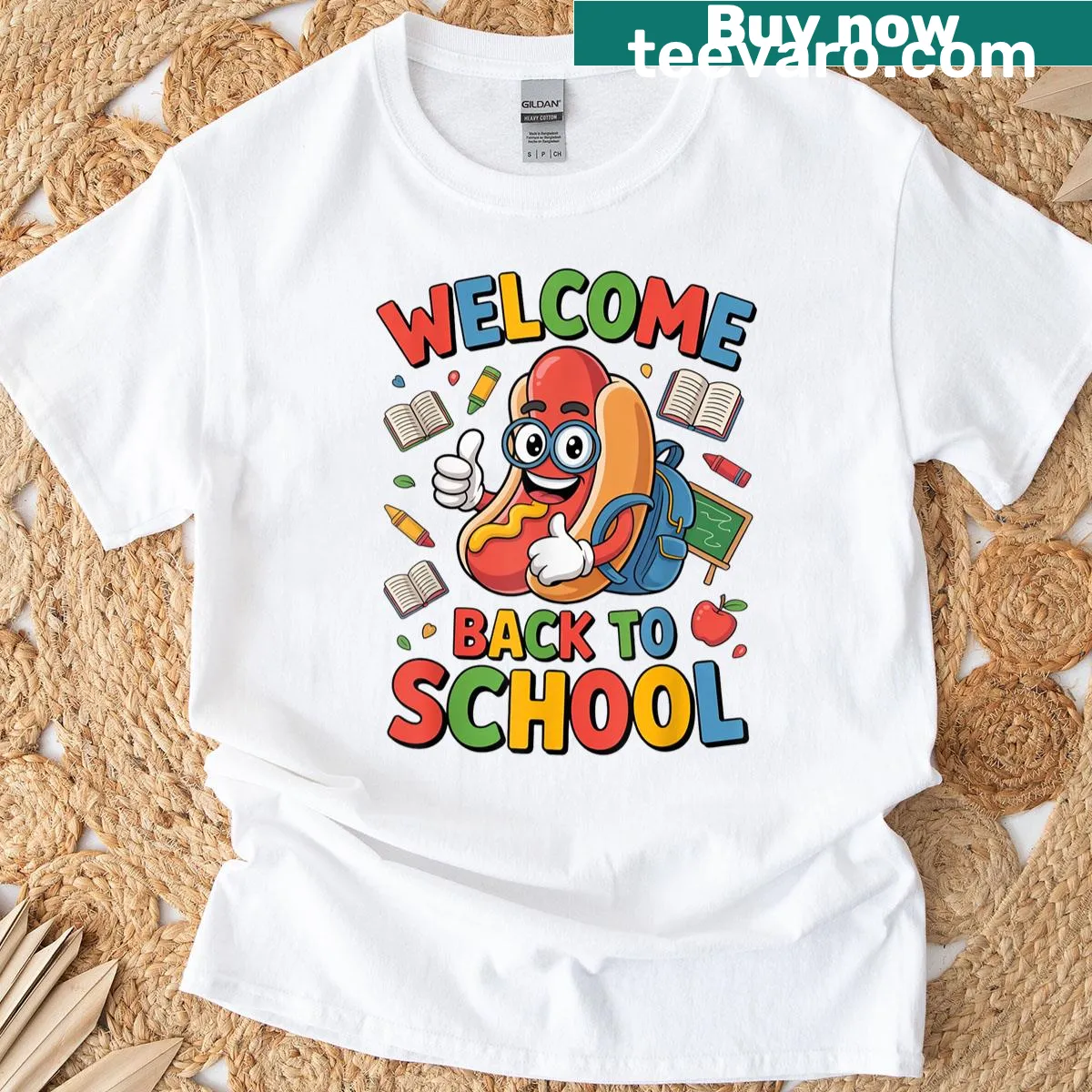 Cartoon hot dog character welcoming back to school on a t-shirt — on a men's t-shirt