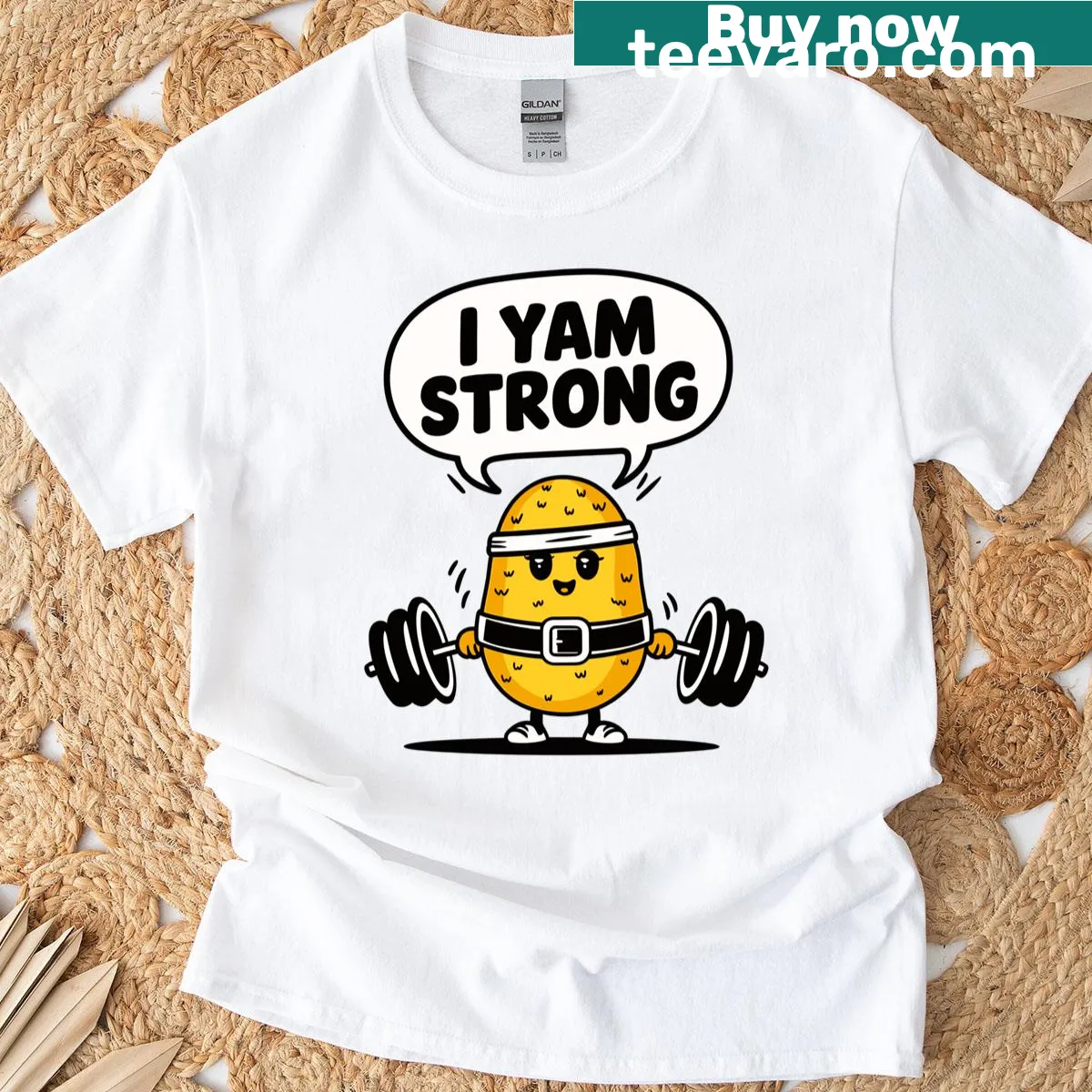 Potato lifting weights with 'I Yam Strong' text in a funny gym design. — on a men's t-shirt