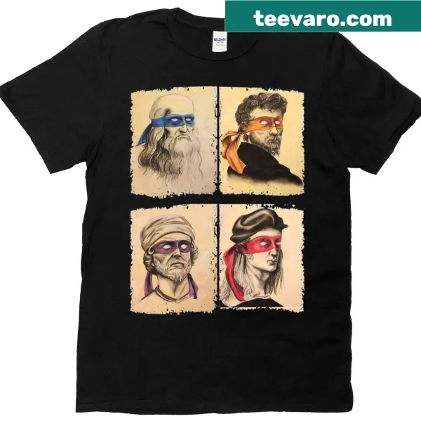 T-shirt featuring turtle ninjas and art-themed text.