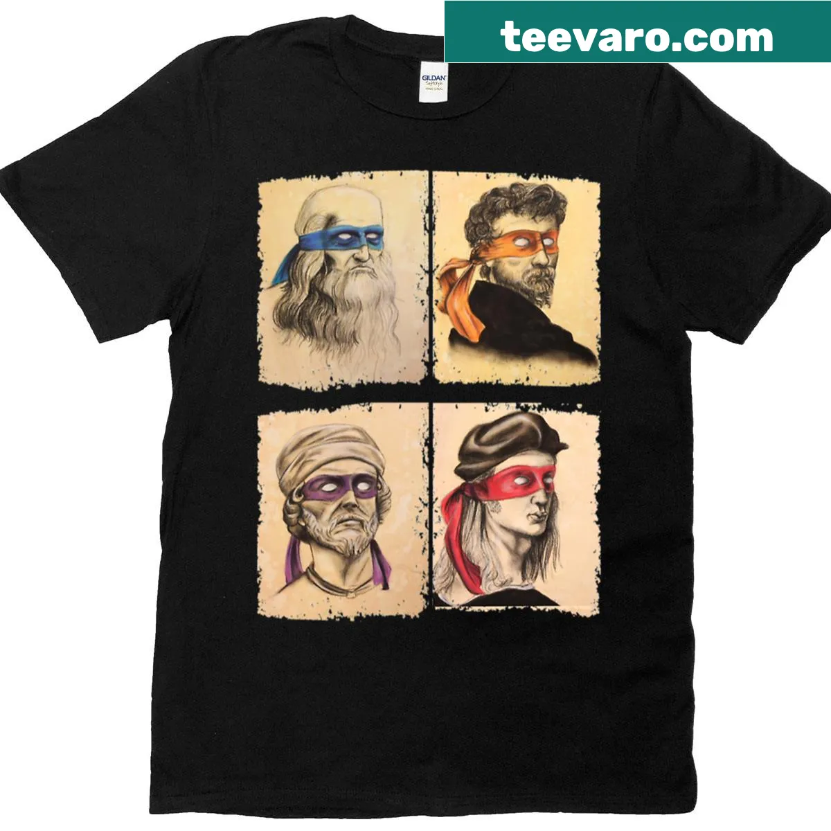 T-shirt featuring turtle ninjas and art-themed text. — on a men's t-shirt