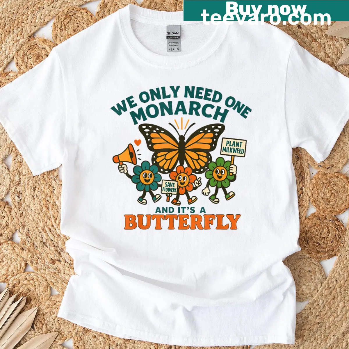 Monarch butterfly eco awareness t-shirt with humorous text — on a men's t-shirt