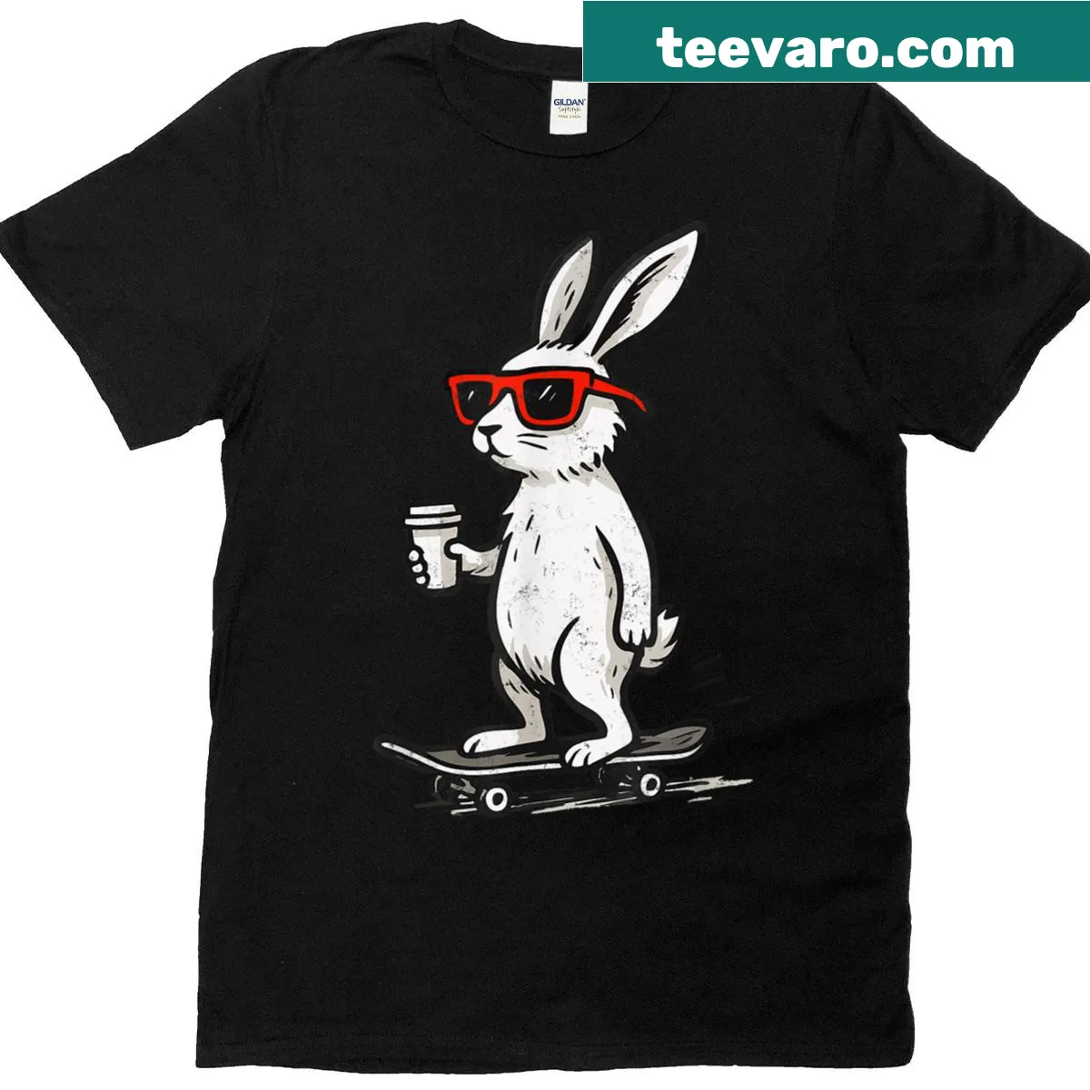 Cartoon rabbit skateboarding with coffee graphic on T-shirt — on a men's t-shirt