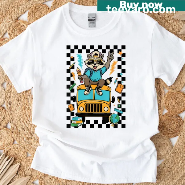 Cartoon raccoon riding a school bus t-shirt for kids