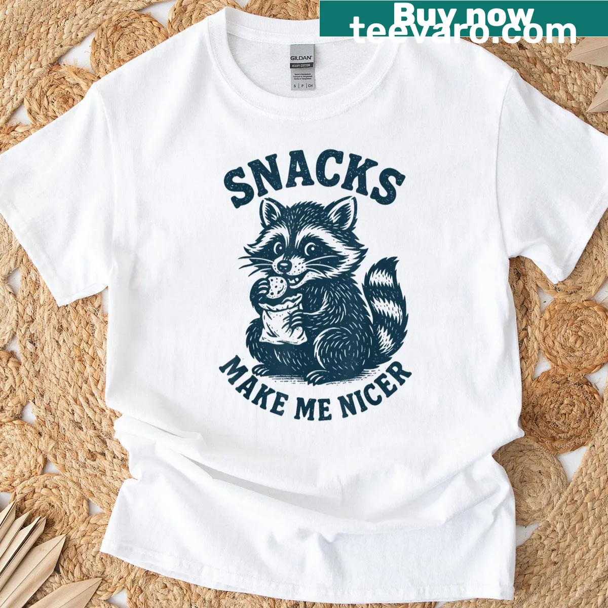 Cute raccoon snacks quote t-shirt with humorous design — on a men's t-shirt