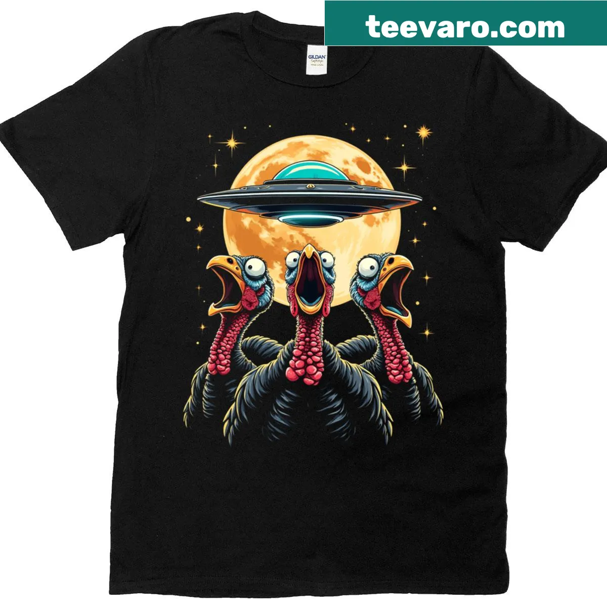 Humorous Thanksgiving t-shirt with alien turkey abduction design — on a men's t-shirt