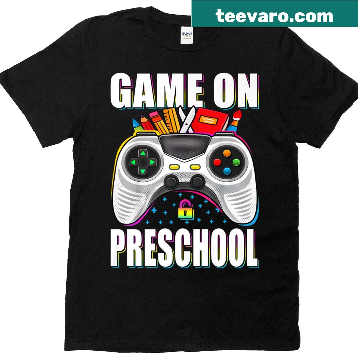 Gamer-themed 'Game On' text design for kids on a T-shirt — on a men's t-shirt