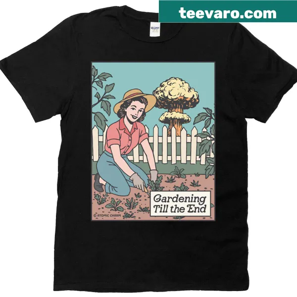Illustrative gardening-themed t-shirt with tools and plants.
