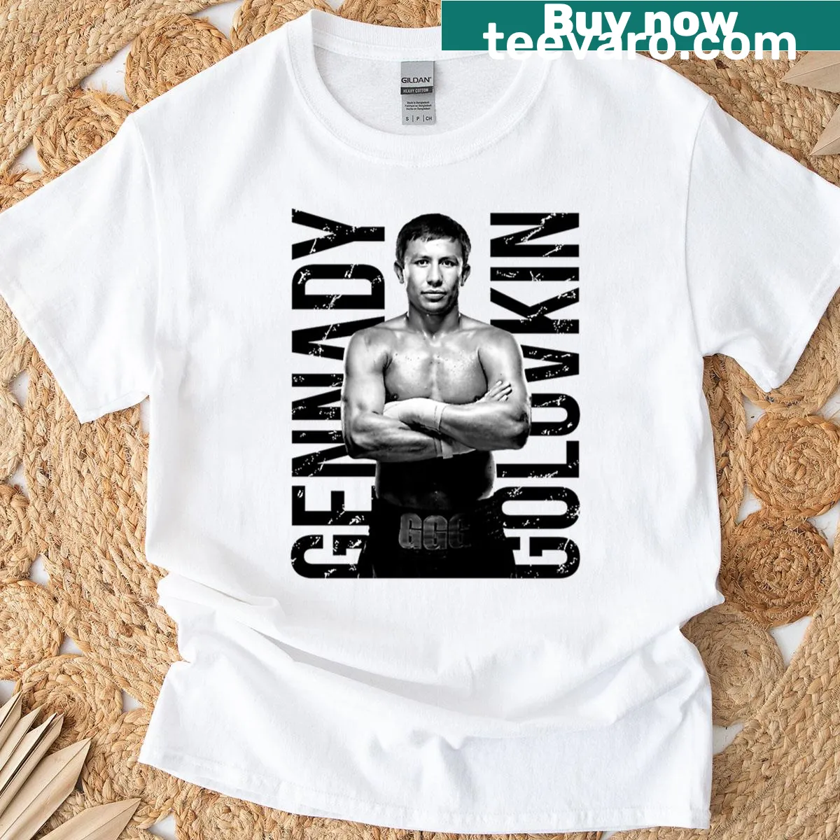 Illustration of Gennady Golovkin in boxing stance on a T-shirt — on a men's t-shirt