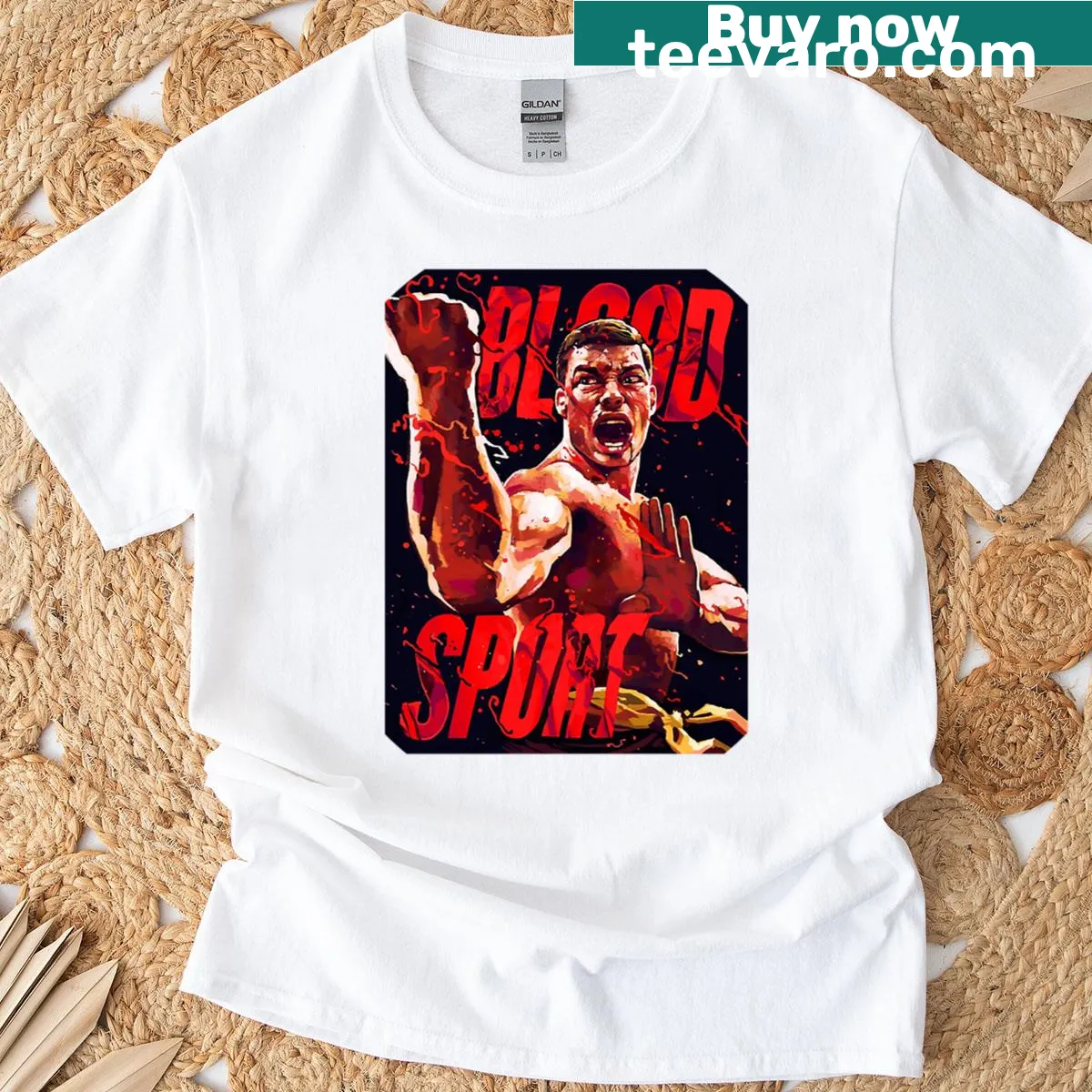 Cartoon Bloodsport-themed Halloween sticker graphic on T-shirt — on a men's t-shirt