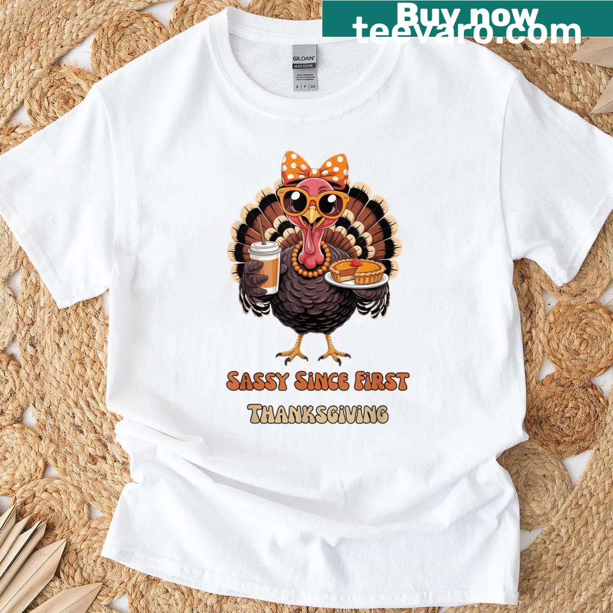 Cartoon turkey with a bow and coffee cup on a T-shirt — on a men's t-shirt