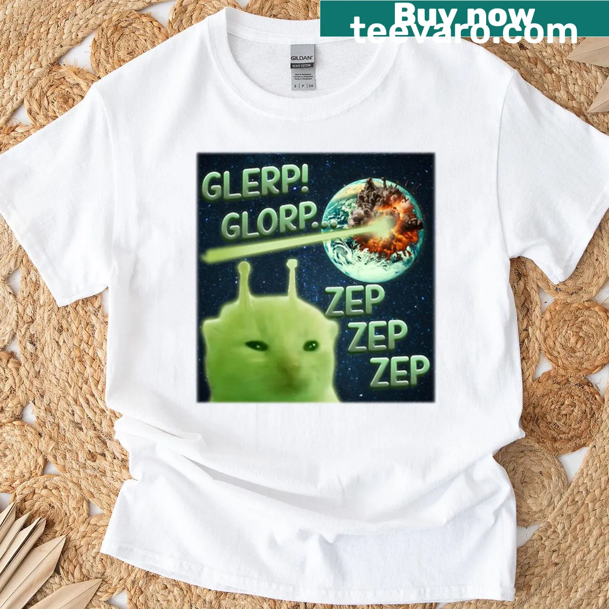 Whimsical alien cat graphic on a funny meme T-shirt — on a men's t-shirt