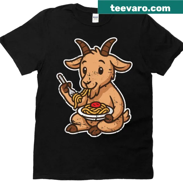 Cartoon goat enjoying pasta on a fun graphic t-shirt