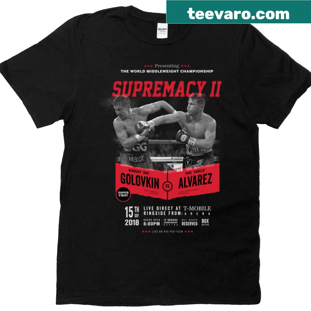 Illustrative boxing match T-shirt for Golovkin vs Canelo 2 — on a men's t-shirt