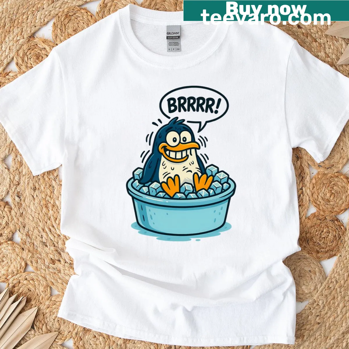 Funny cartoon penguin graphic on an ice bath T-shirt — on a men's t-shirt