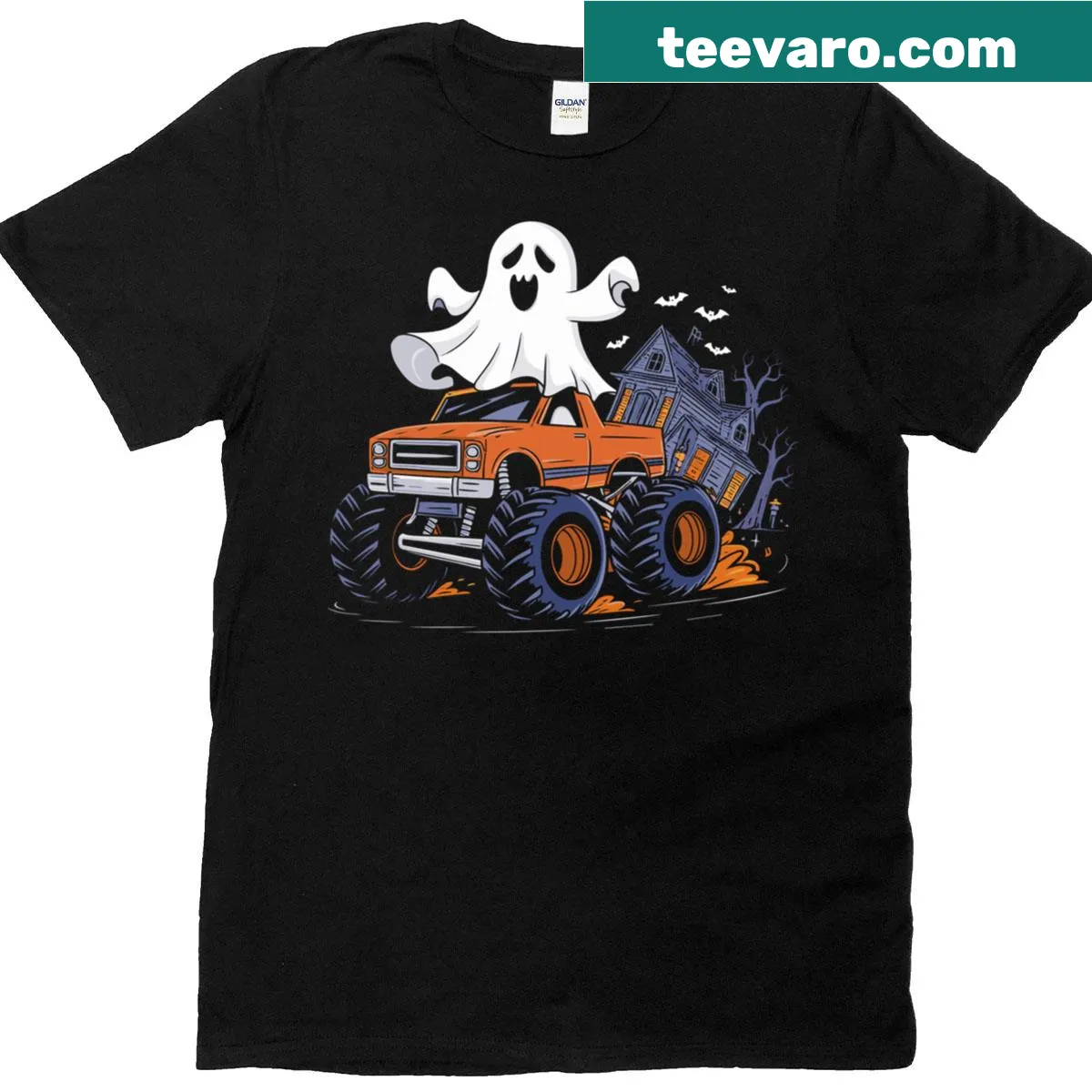 Monster truck with ghosts and pumpkins on a Halloween-themed t-shirt — on a men's t-shirt