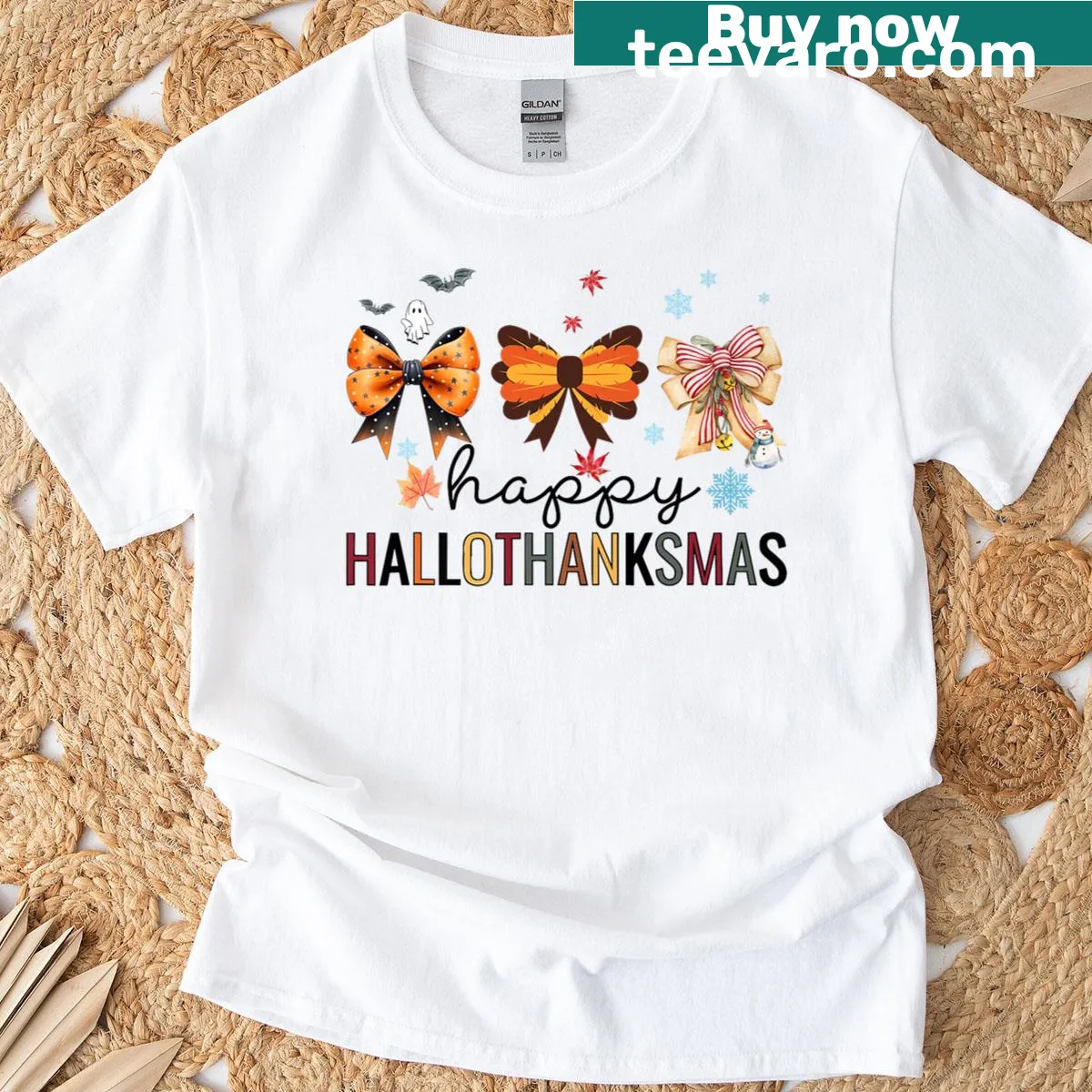 T-shirt with Happy Hallothanksmas text and a cute bow illustration — on a men's t-shirt