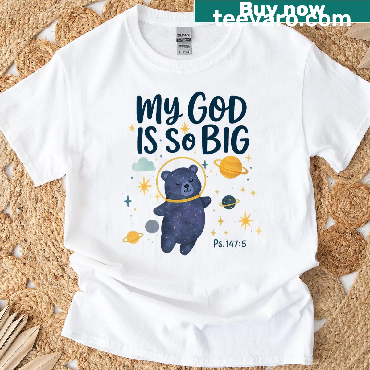 Kids' T-shirt with a cosmic bear and He Is So Big text — on a men's t-shirt