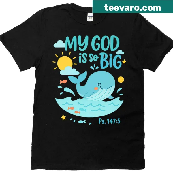 Friendly whale graphic with a Bible verse on a kids' shirt