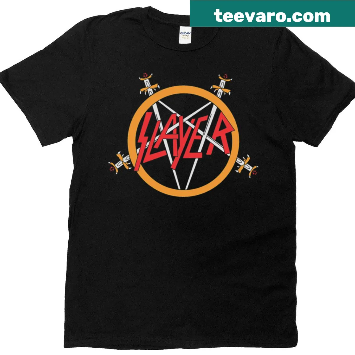 Bold Slayer emblem graphic on a music-themed t-shirt — on a men's t-shirt