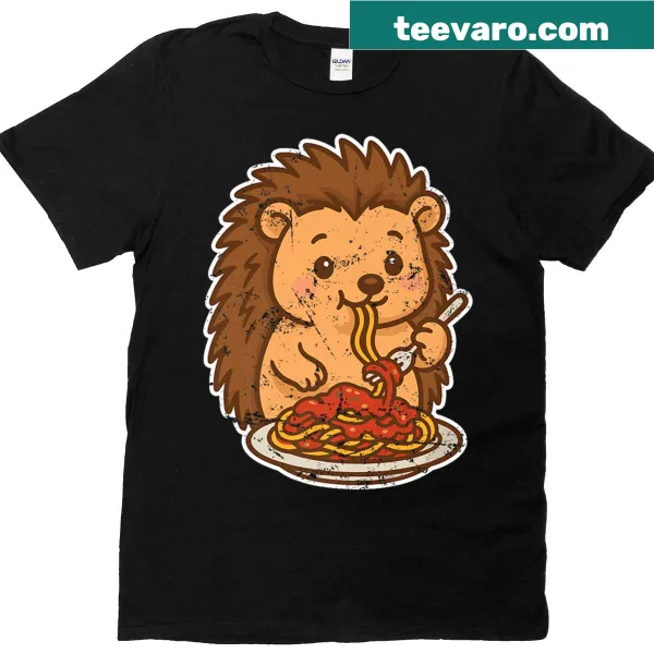 Cute cartoon hedgehog with pasta graphic on T-shirt