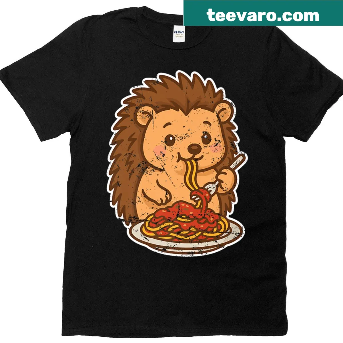 Cute cartoon hedgehog with pasta graphic on T-shirt — on a men's t-shirt