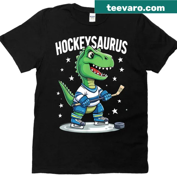 Cute cartoon dinosaur playing ice hockey t-shirt for kids