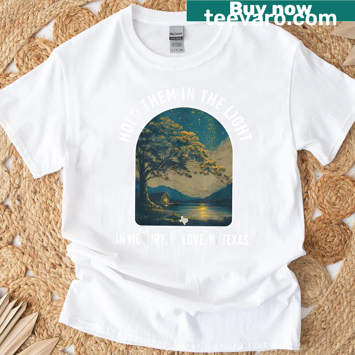 T-shirt with Hold Them In The Light slogan for flood relief — on a men's t-shirt