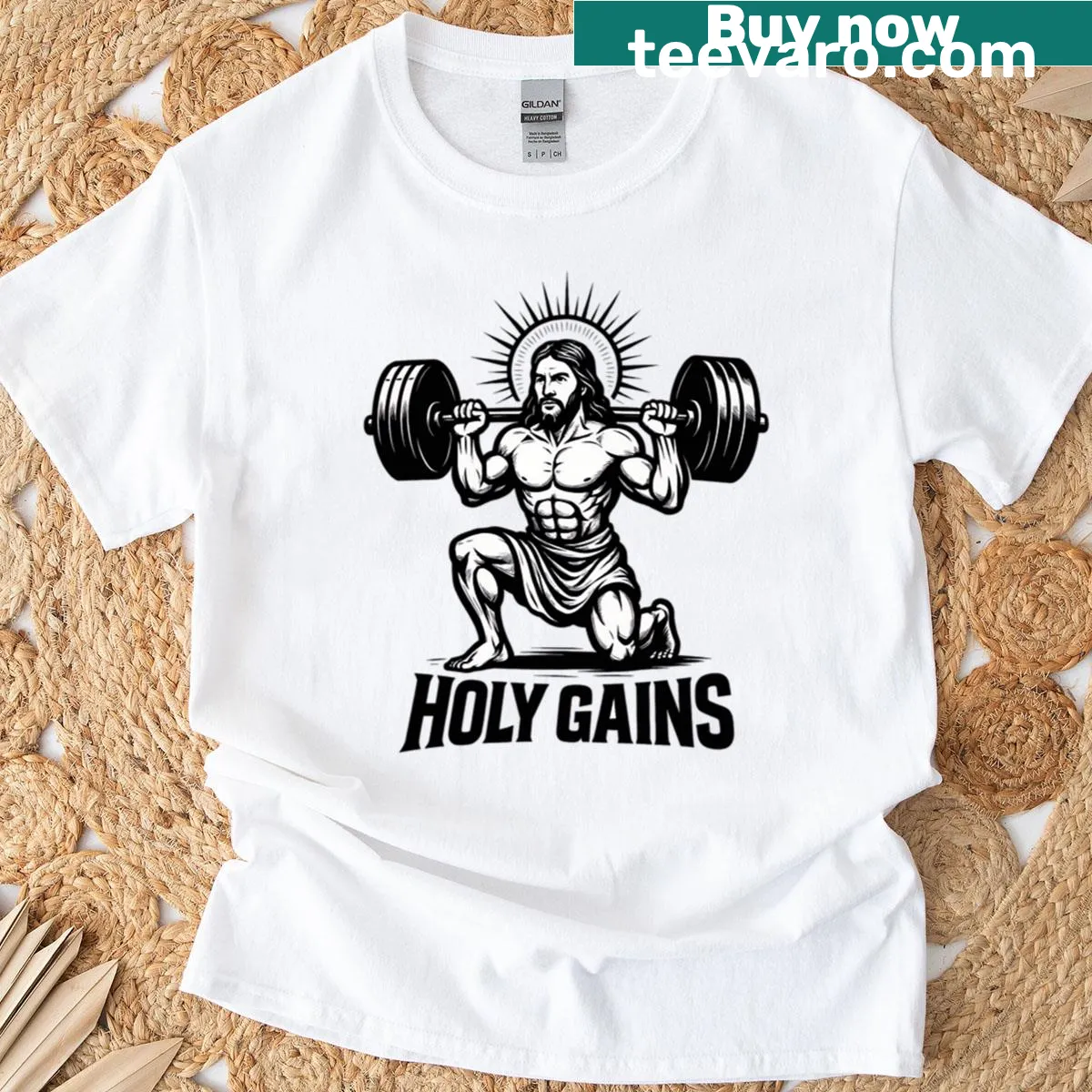 Motivational Holy Gains T-shirt with bold typography for fitness lovers. — on a men's t-shirt