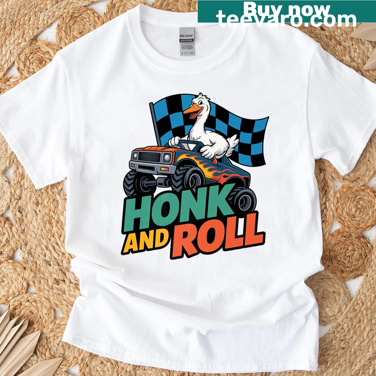Illustration of a goose driving a monster truck with text 'Honk And Roll' — on a men's t-shirt