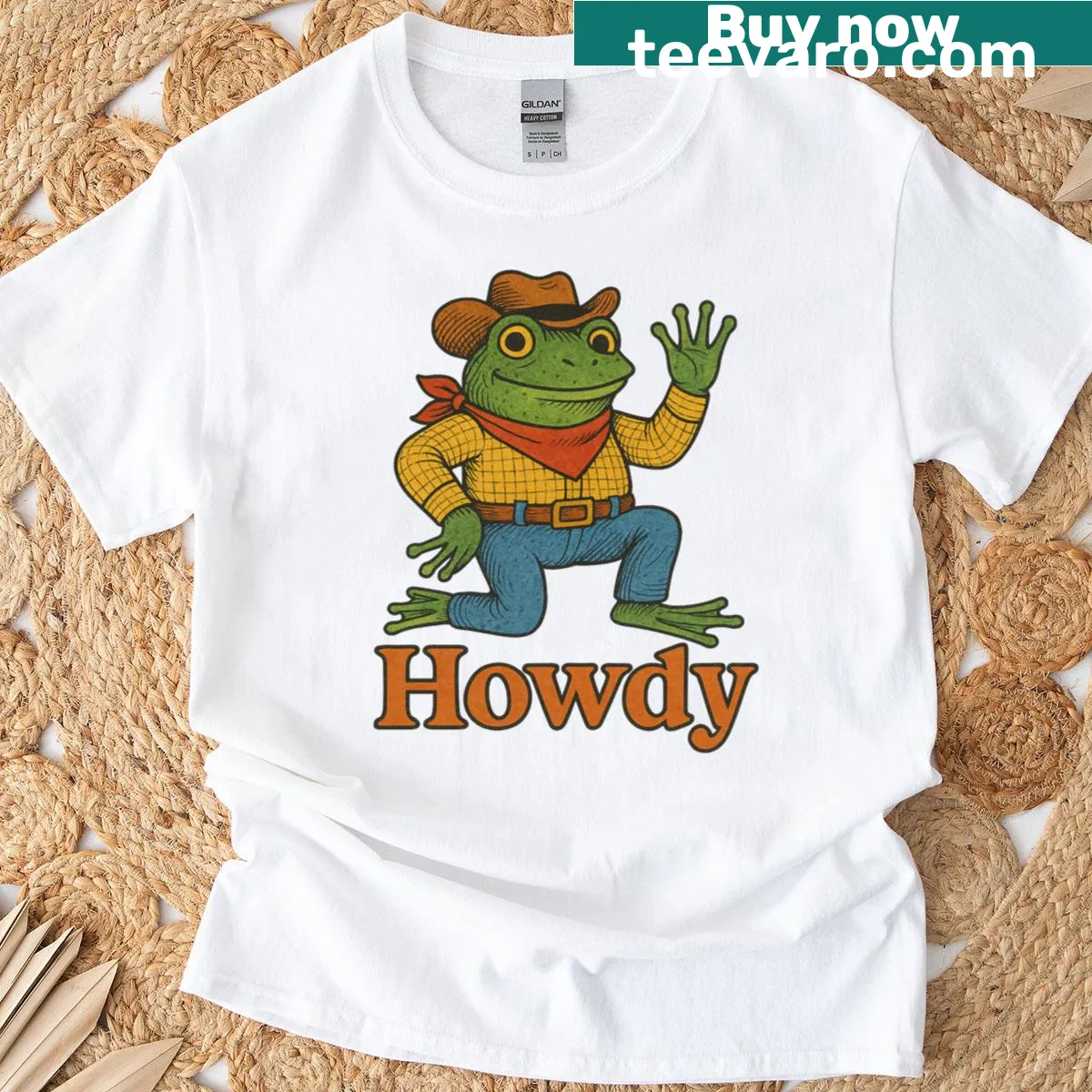 Cartoon frog in cowboy attire on a fun T-shirt — on a men's t-shirt