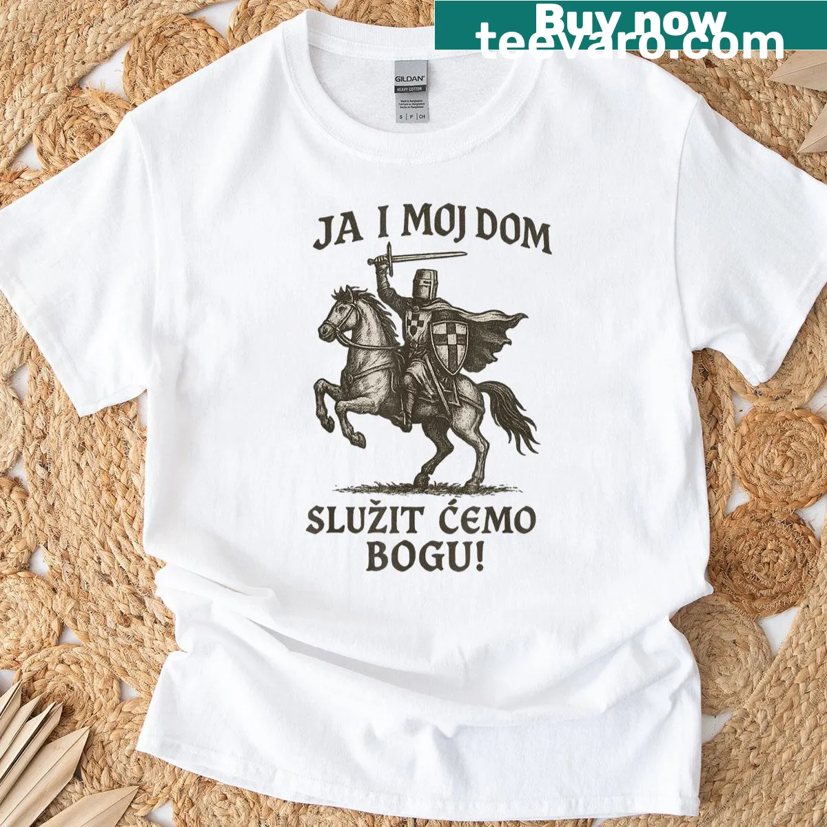 Croatian knight-themed T-shirt with Christian symbols — on a men's t-shirt