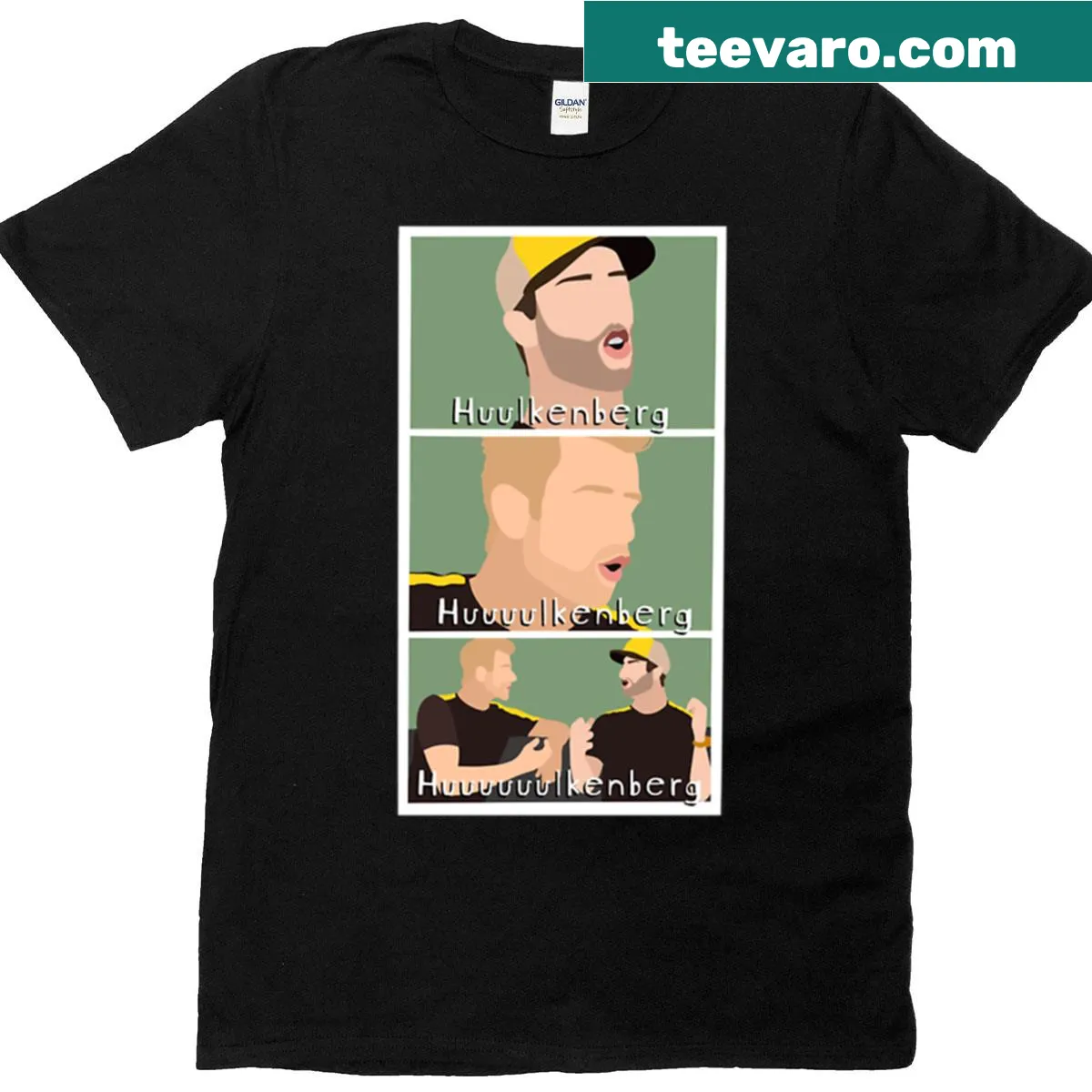 Humorous Hulkenberg meme graphic on an F1 t-shirt — on a men's t-shirt
