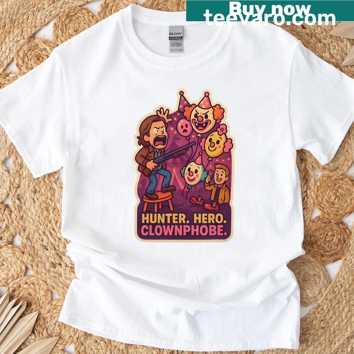 Fantasy-themed t-shirt featuring Sam Winchester vs balloons illustration — on a men's t-shirt