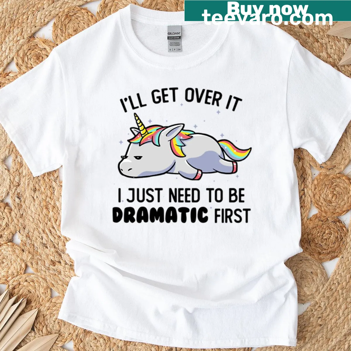 Lazy unicorn graphic t-shirt with a dramatic theme — on a men's t-shirt