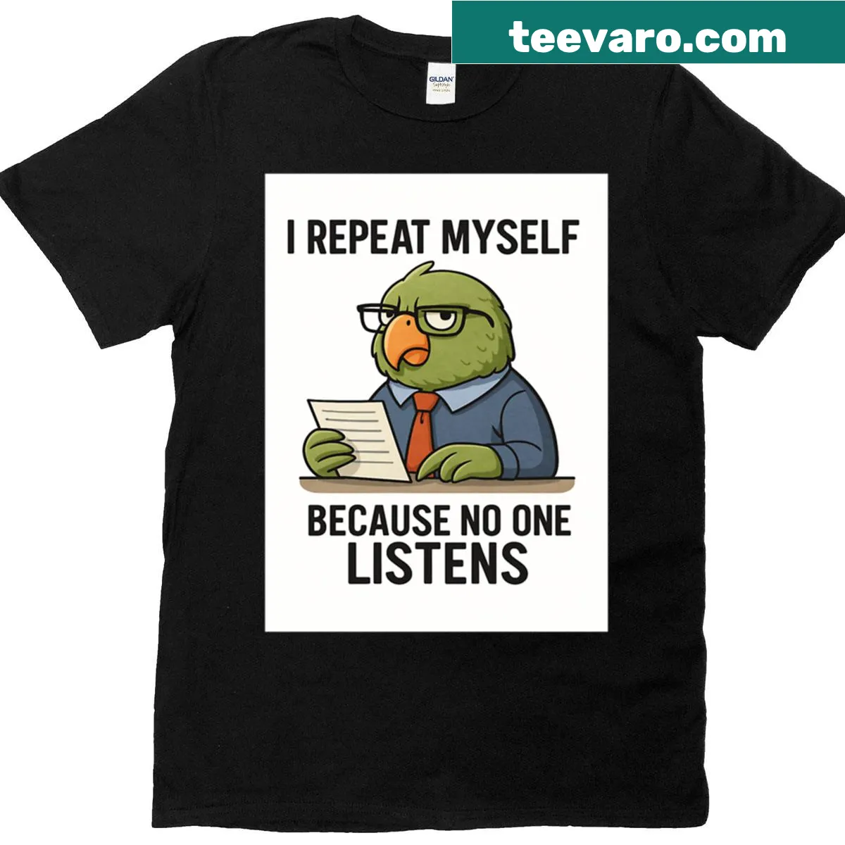Funny t-shirt about repeating oneself like a parrot — on a men's t-shirt