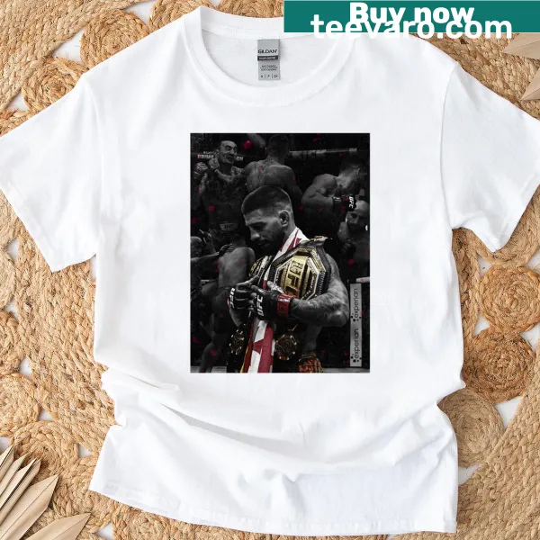 Ilia Topuria Double Champ T-shirt with design highlighting his title victories.