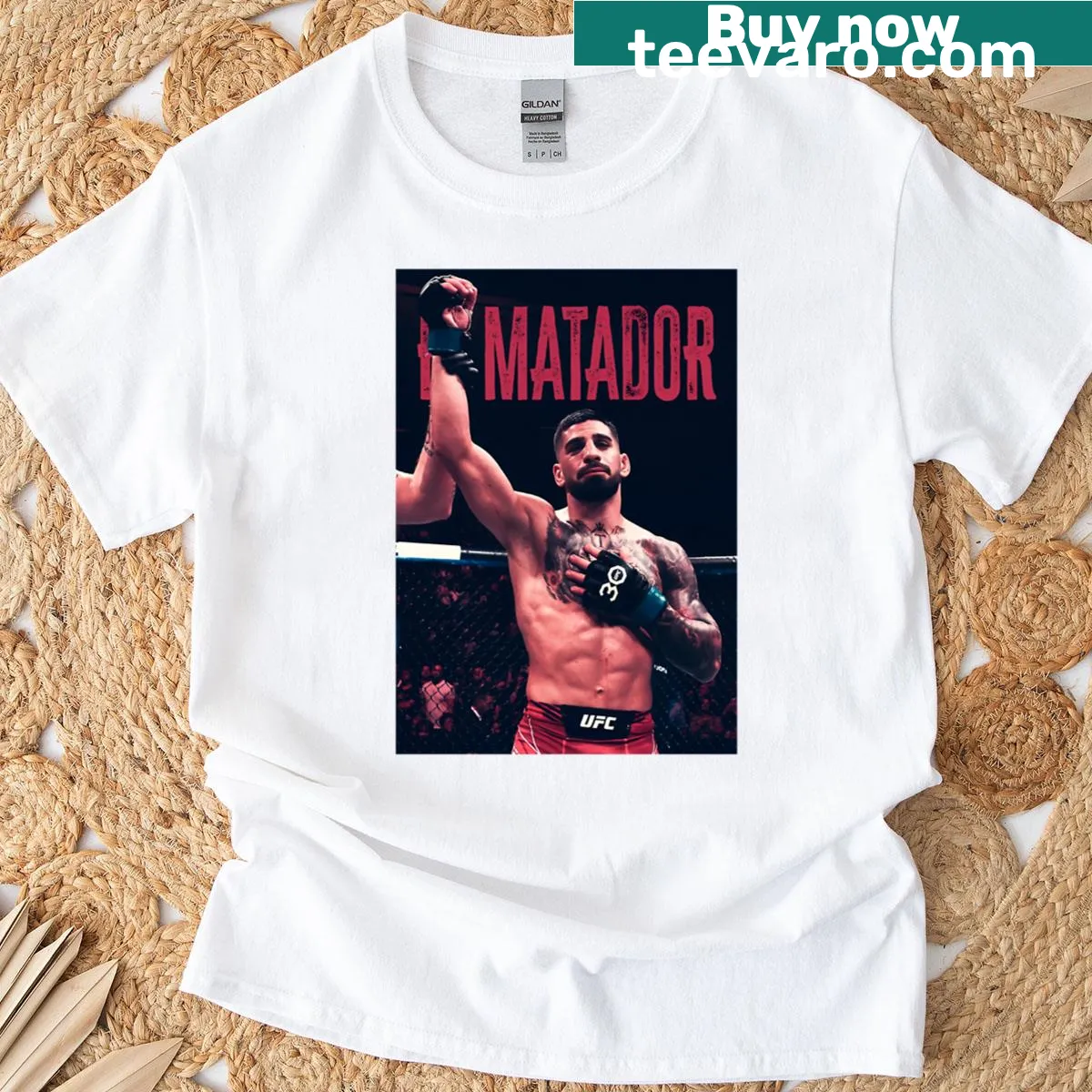 Poster-style graphic of Ilia Topuria as a champion — on a men's t-shirt