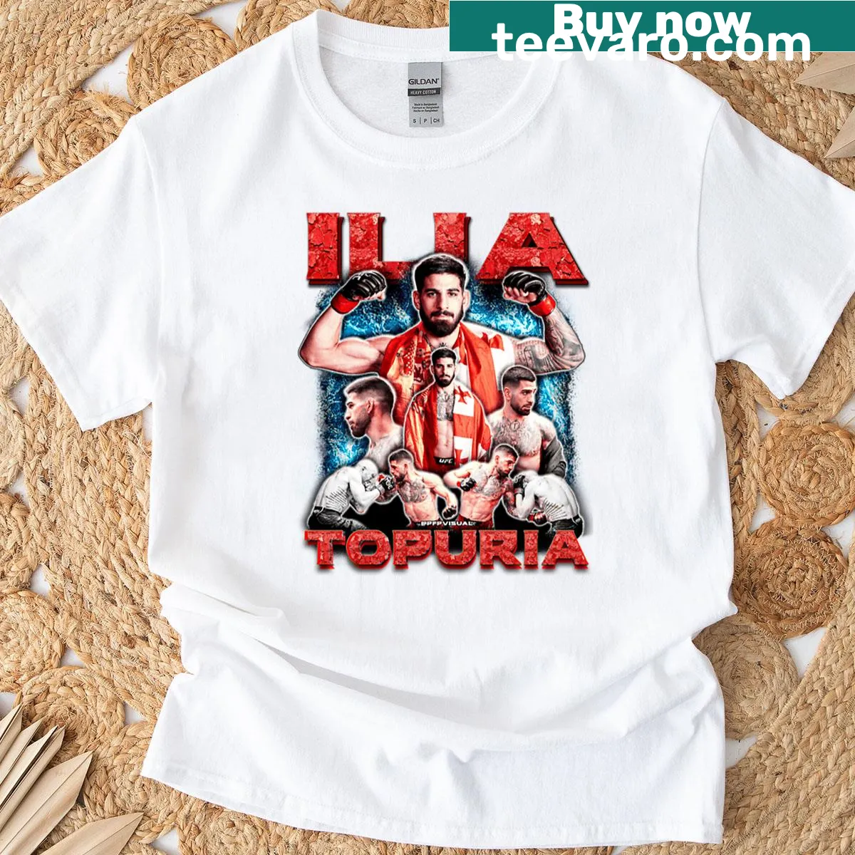 Supportive t-shirt featuring Ilia Topuria's name prominently displayed. — on a men's t-shirt