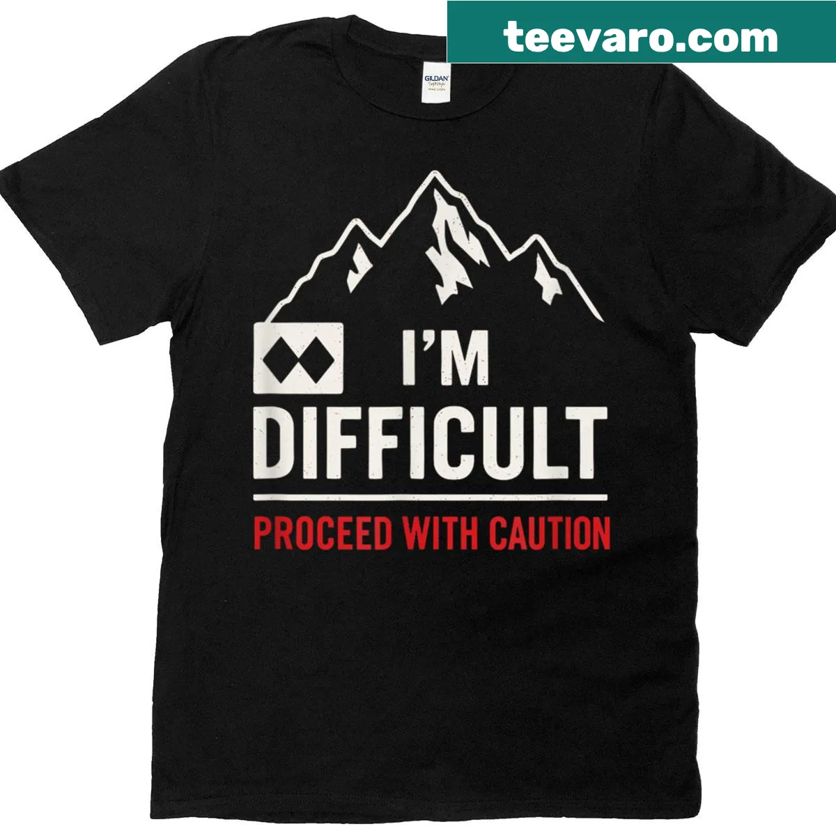 Caution-themed t-shirt with ski and snowboard symbols saying 'I'm Difficult' — on a men's t-shirt
