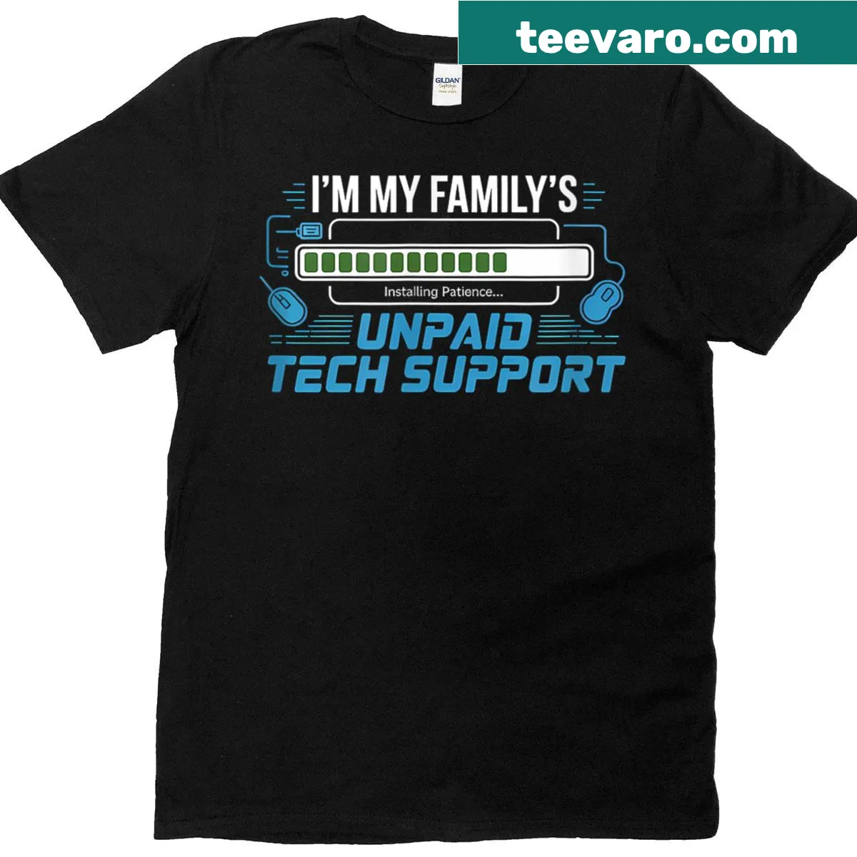 Text 'I'm My Family's Unpaid Tech Support' on t-shirt — on a men's t-shirt