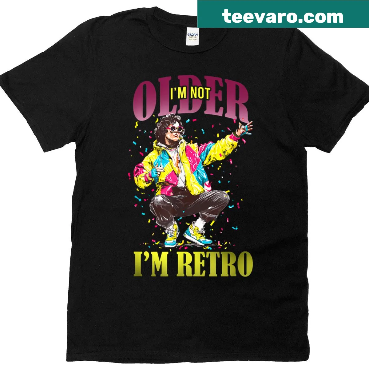 T-shirt with humorous retro aging text — on a men's t-shirt