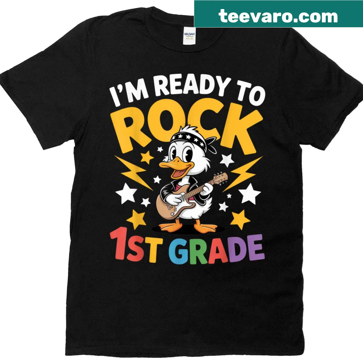 Cartoon duck with 'I'm Ready To Rock 1st Grade' text — on a men's t-shirt