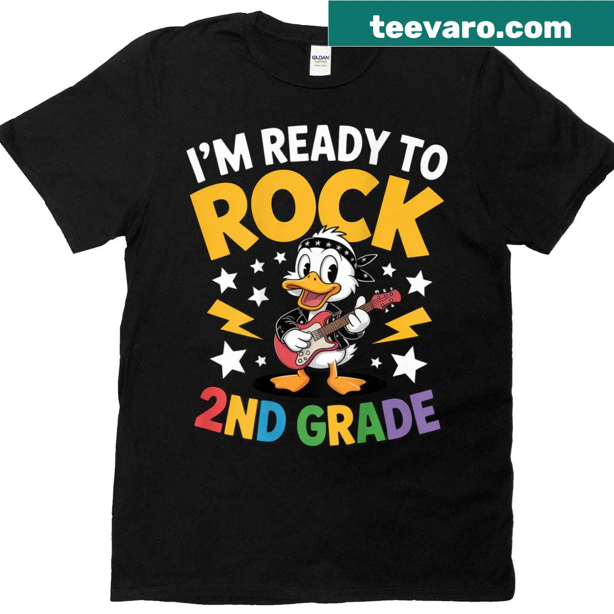 Kids back-to-school t-shirt with text about rocking 2nd grade and a duck — on a men's t-shirt